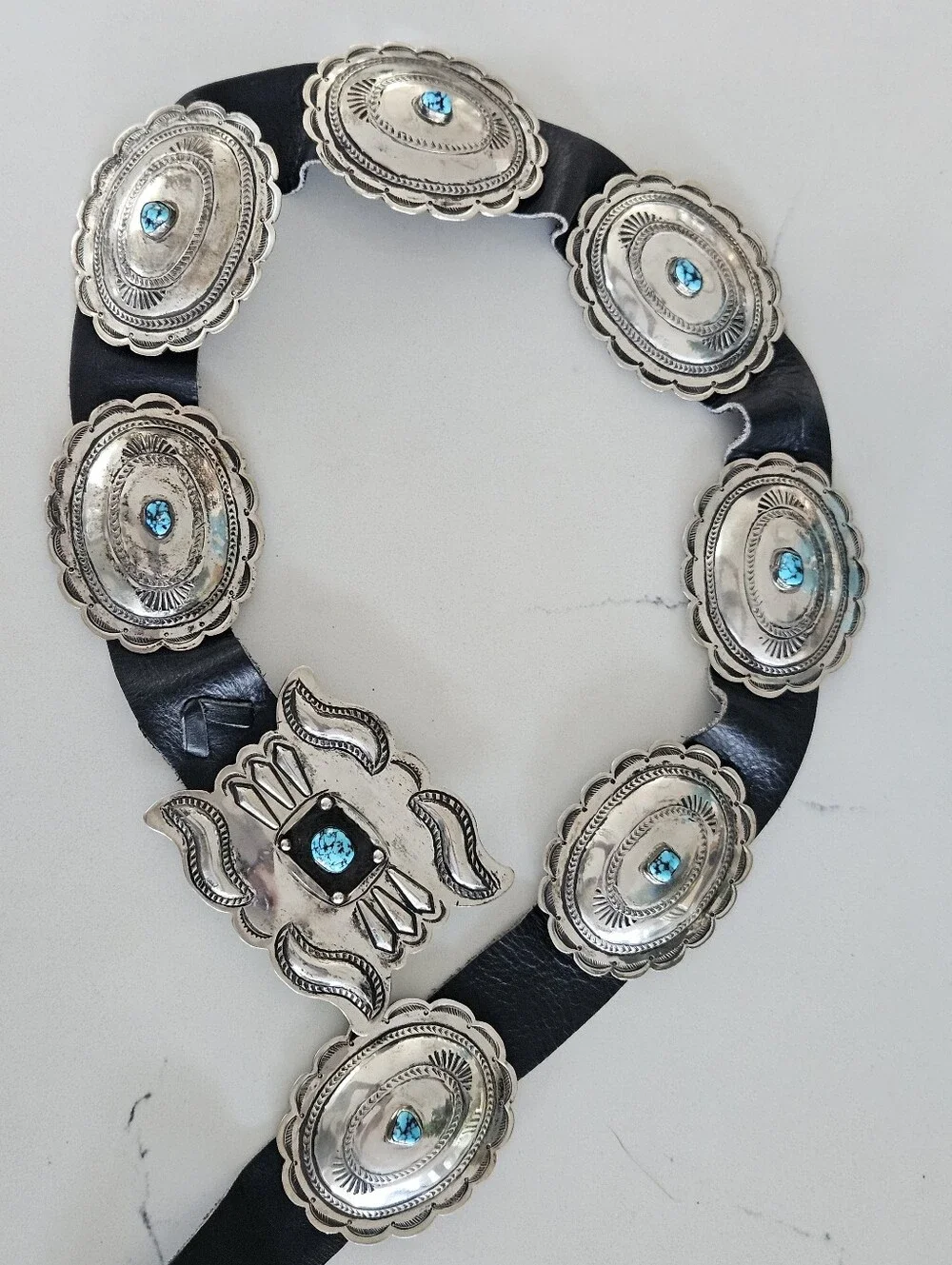 Vintage Navajo Kingman Turquoise Accent Sterling Silver Concho Leather Belt 41